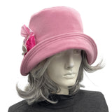 Rose Pink Wool Cloche Hat with Large Rosette Brooch– Handmade Vintage-Inspired Statement Hat