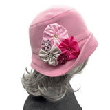 Rose Pink Wool Cloche Hat with Large Rosette Brooch– Handmade Vintage-Inspired Statement Hat