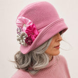 Rose Pink Wool Cloche Hat with Large Rosette Brooch– Handmade Vintage-Inspired Statement Hat