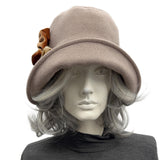 Taupe Wool Cloche Hat with Vintage Style Rosette Brooch: Handmade Millinery Size Small/Medium