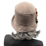 Taupe Wool Cloche Hat with Vintage Style Rosette Brooch: Handmade Millinery Size Small/Medium