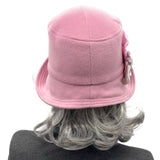 Rose Pink Wool Cloche Hat with Large Rosette Brooch– Handmade Vintage-Inspired Statement Hat