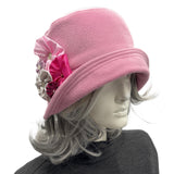 Rose Pink Wool Cloche Hat with Large Rosette Brooch– Handmade Vintage-Inspired Statement Hat