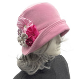 Rose Pink Wool Cloche Hat with Large Rosette Brooch– Handmade Vintage-Inspired Statement Hat