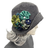 Cloche Hat Women, Gray Textured Winter Headwear : Handmade in the USA Side view of floral detailing