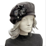 Gray Beret : Handmade in Velour Velvet with Floral Accents,

