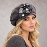 Gray Beret : Handmade in Velour Velvet with Floral Accents, Modelled