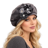 Gray Beret : Handmade in Velour Velvet with Floral Accents,