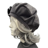 Gray Beret : Handmade in Velour Velvet with Floral Accents,