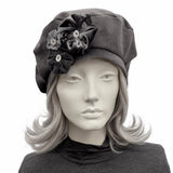 Gray Beret : Handmade in Velour Velvet with Floral Accents front view on mannequin