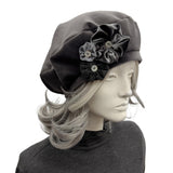Gray Beret : Handmade in Velour Velvet with Floral Accents,