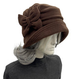 Handmade Brown Fleece Cloche Hat with Butterfly Bow – Size Medium : Alice