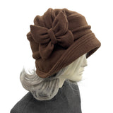 Handmade Brown Fleece Cloche Hat with Butterfly Bow – Size Medium : Alice