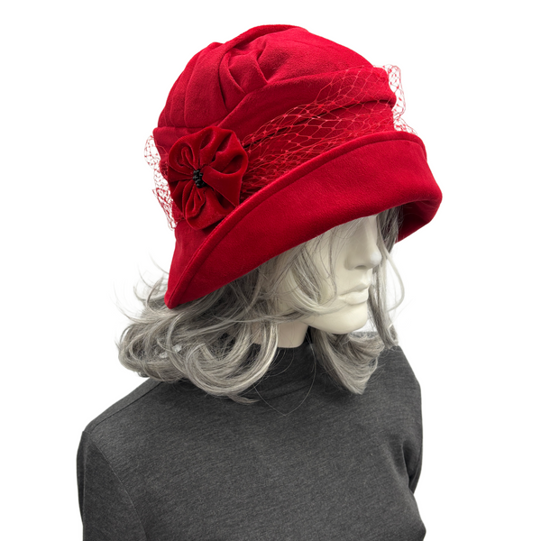 Red Velvet Cloche Hat with Velvet Flower and French Net Band | The Alice