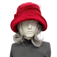 Red Velvet Cloche Hat with Velvet Flower and French Net Band | The Alice