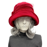 Red Velvet Cloche Hat with Velvet Flower and French Net Band | The Alice