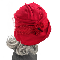 Red Velvet Cloche Hat with Velvet Flower and French Net Band | The Alice