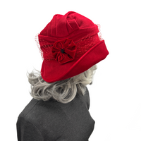 Red Velvet Cloche Hat with Velvet Flower and French Net Band | The Alice