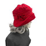 Red Velvet Cloche Hat with Velvet Flower and French Net Band | The Alice