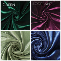 Four fabric swatches labeled 'Green', 'Eggplant', 'Sage', and 'Blue' arranged in a grid.