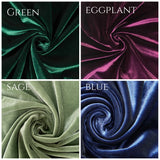 Four fabric swatches labeled 'Green', 'Eggplant', 'Sage', and 'Blue' arranged in a grid.