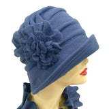 The Alice a 1920s vintage style cloche hat in fleece many color options. Navy Blue Handmade b y Boston Millinery 