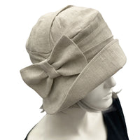 Alice Beige linen wide brim cloche hat women with bow brooch