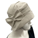 Alice Cloche hat with linen bow in beige