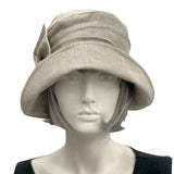 Alice Cloche hat with linen bow in beige front view