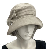 Alice Beige linen wide brim cloche hat women with bow brooch front view