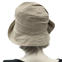 Alice Beige linen wide brim cloche hat women with bow brooch rear view