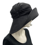 Black Linen wide brim derby hat Unique couture handmade cloche hat  side view detail