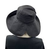 Black Linen wide brim derby hat Unique couture handmade cloche hat rear view open brim