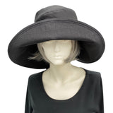 Black Linen wide brim derby hat Unique couture handmade cloche hat front view