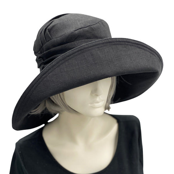 Black Linen wide brim derby hat Unique couture handmade cloche hat 