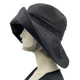 Black Linen wide brim derby hat Unique couture handmade cloche hat side view