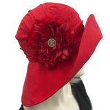 Red Linen wide brim hat women Derby hats and weddings large red faux silk flower