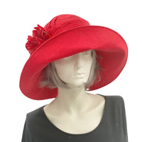 Red Linen wide brim hat women Derby hats and weddings front view