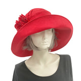 Red Linen wide brim hat women Derby hats and weddings front view