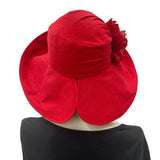 Red Linen wide brim hat women Derby hats and weddings rear view open brim