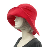 Red Linen wide brim hat women Derby hats and weddings side view