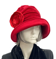 Boston Millinery's Beautiful vintage inspired 1920s cloche hat for women handmade in red velvet unique design shown modeled on a hat mannequin 