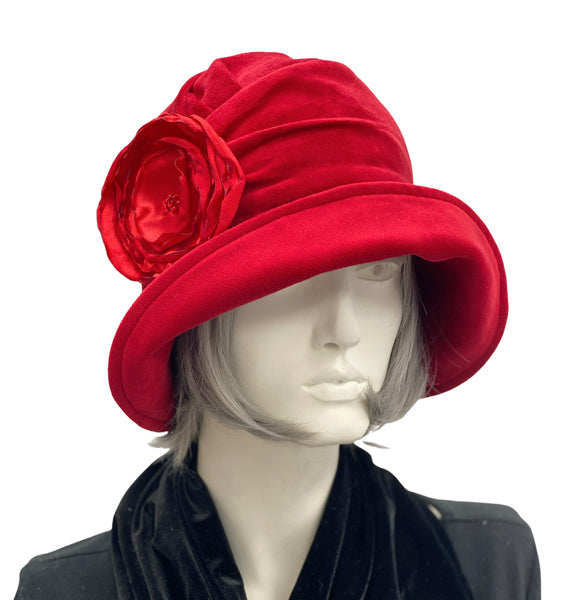Alice cloche hat a 1920s vintage style in red velvet with red satin rose brooch Boston Millinery