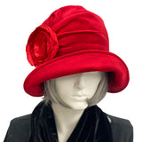 Alice cloche hat a 1920s vintage style in red velvet with red satin rose brooch  front view