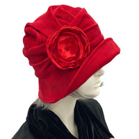 Alice cloche hat a 1920s vintage style in red velvet with red satin rose brooch  Side view