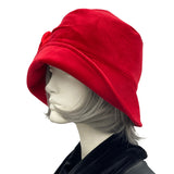 Alice cloche hat a 1920s vintage style in red velvet with red satin rose brooch plain side view
