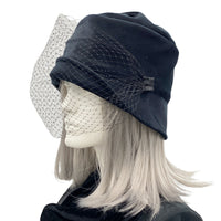 Black Velvet cloche hat with birdcage veil 