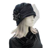 Cloche Hat with Birdcage Veil and Hydrangea brooch
