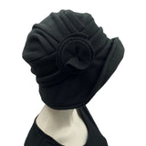 Alice black fleece cloche hat with satin rose brooch Boston Millinery side view