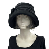 Alice black fleece cloche hat with disc brooch Boston Millinery